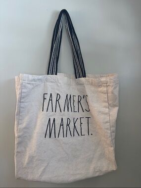 RAE DUNN Canvas "FARMER'S MARKET" Tote Cream with Black Striped Handles